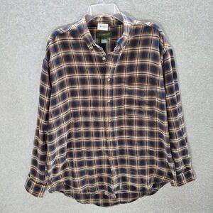 Hill Archer Men Button Up Shirt Large Navy Orange Plaid Flannel Long Sleeve